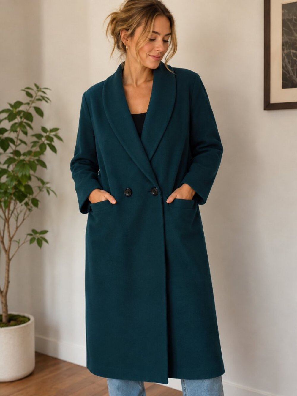 VTG Donnybrook Teal Wool Trench Coat Size 12 Long Shawl Collar Oversized